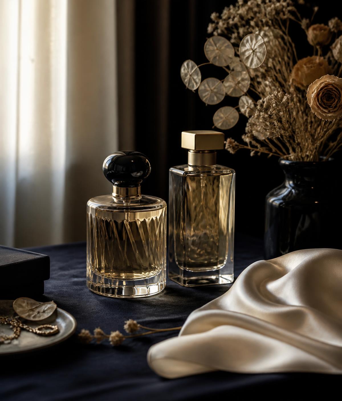 Perfume bottles arranged on navy velvet with silk and dried flowers