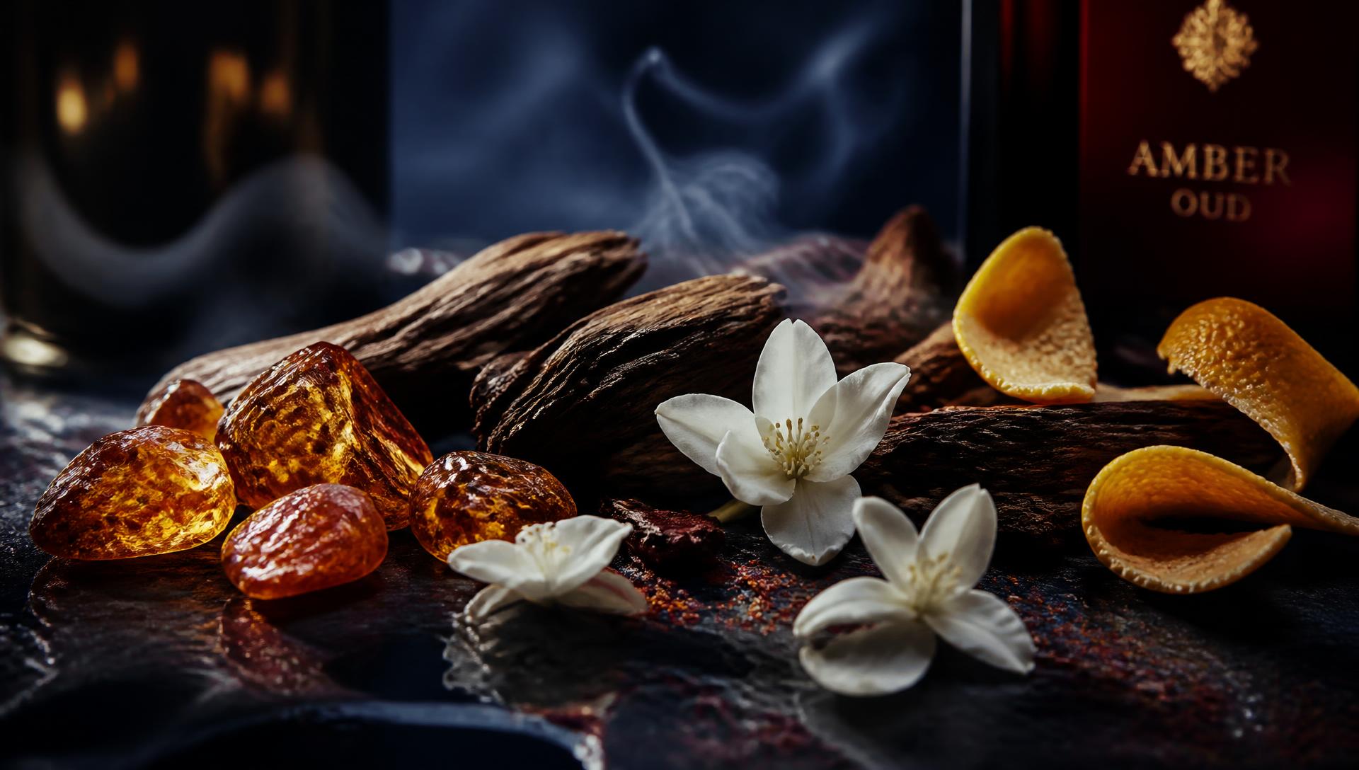 Amber resin, oud wood and jasmine on dark stone
